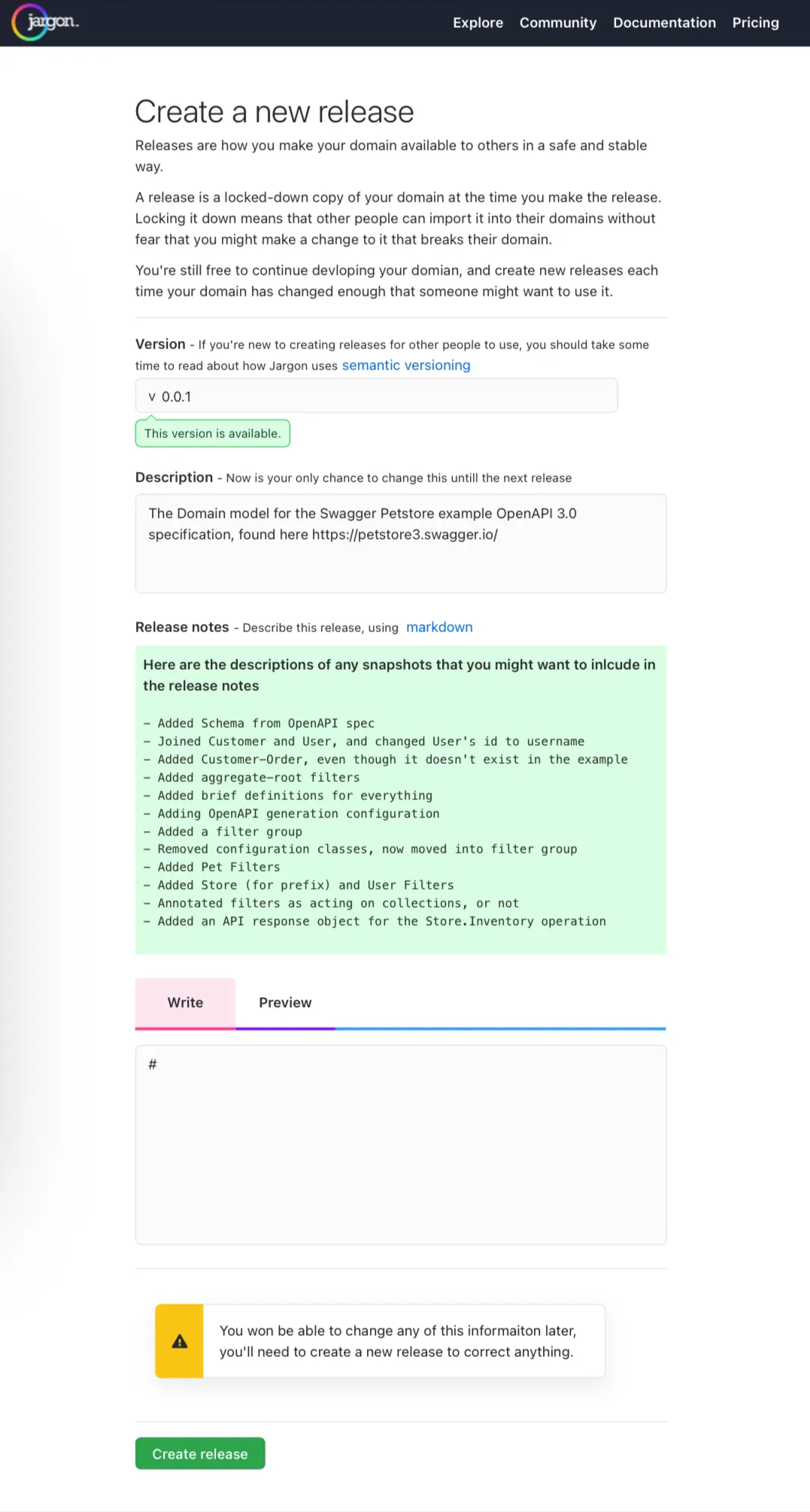 The Create New Release page