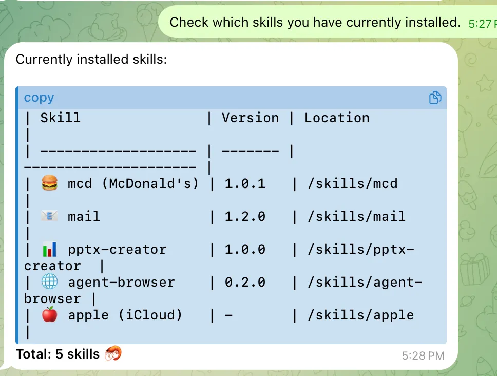 Memeriksa Skills yang saat ini terinstal