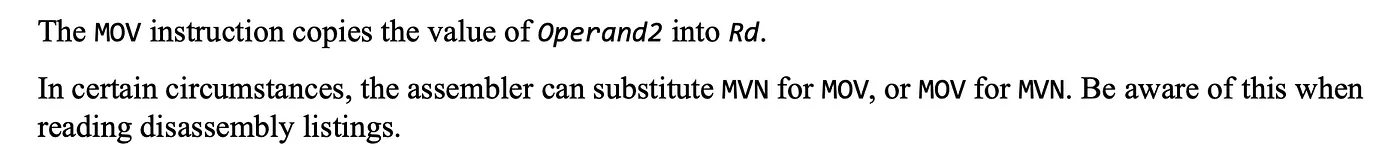 ARM MOV instruction syntax and encoding diagram from the ARM Instruction Set Reference Guide showing operand format and condition codes