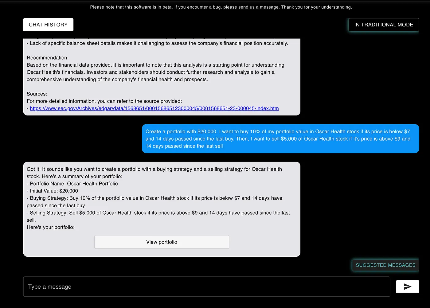 Generate a portfolio directly in the AI-Chat
