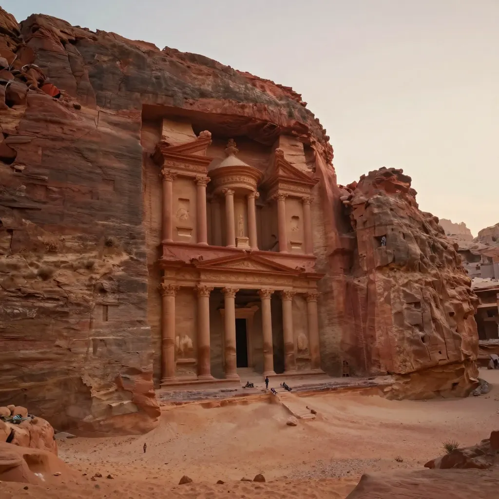 Ancient desert city carved into red sandstone cliffs, warm late-evening light, atmospheric dust haze, tiny figures visible scaling the stairway, cinematic matte-painting quality, ultra-wide cinema frame.