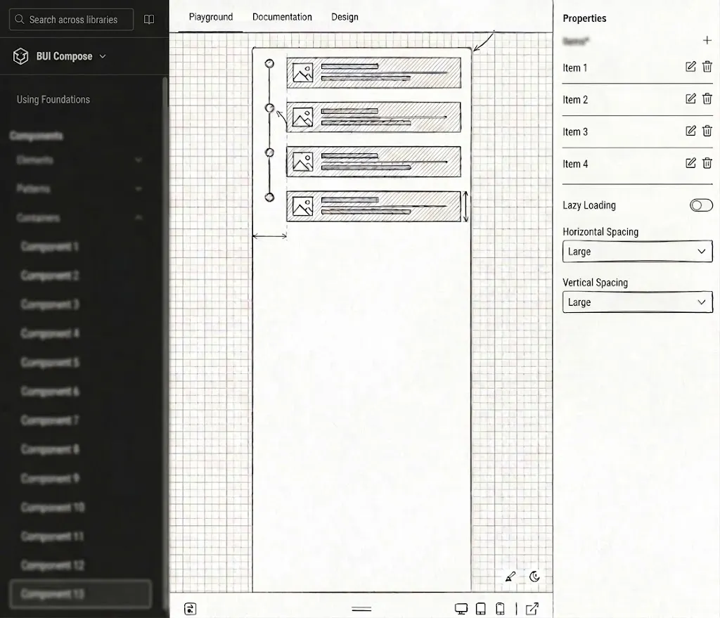 Browser-based interactive playground with live component preview, control panel, and integrated Figma/docs