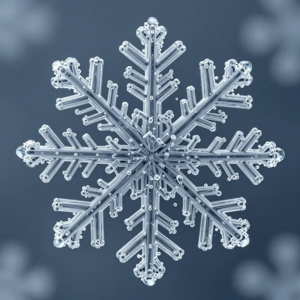Electron microscope-style close-up of a snowflake crystal lattice, micro fractal structure, translucent icy edges, sharp depth isolation, ultra-macro focus, scientific illustration aesthetic.