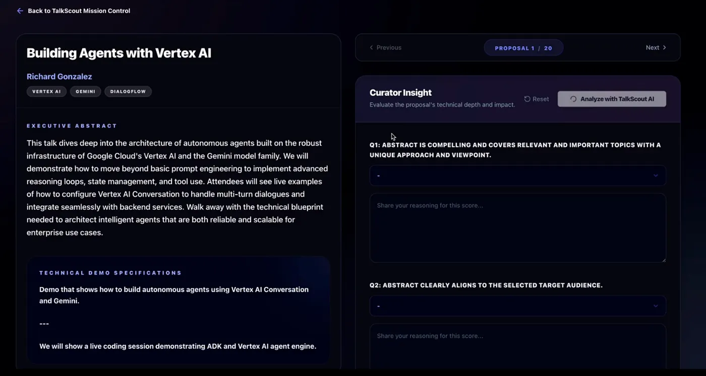 TalkScout submission review page with high contrast UI