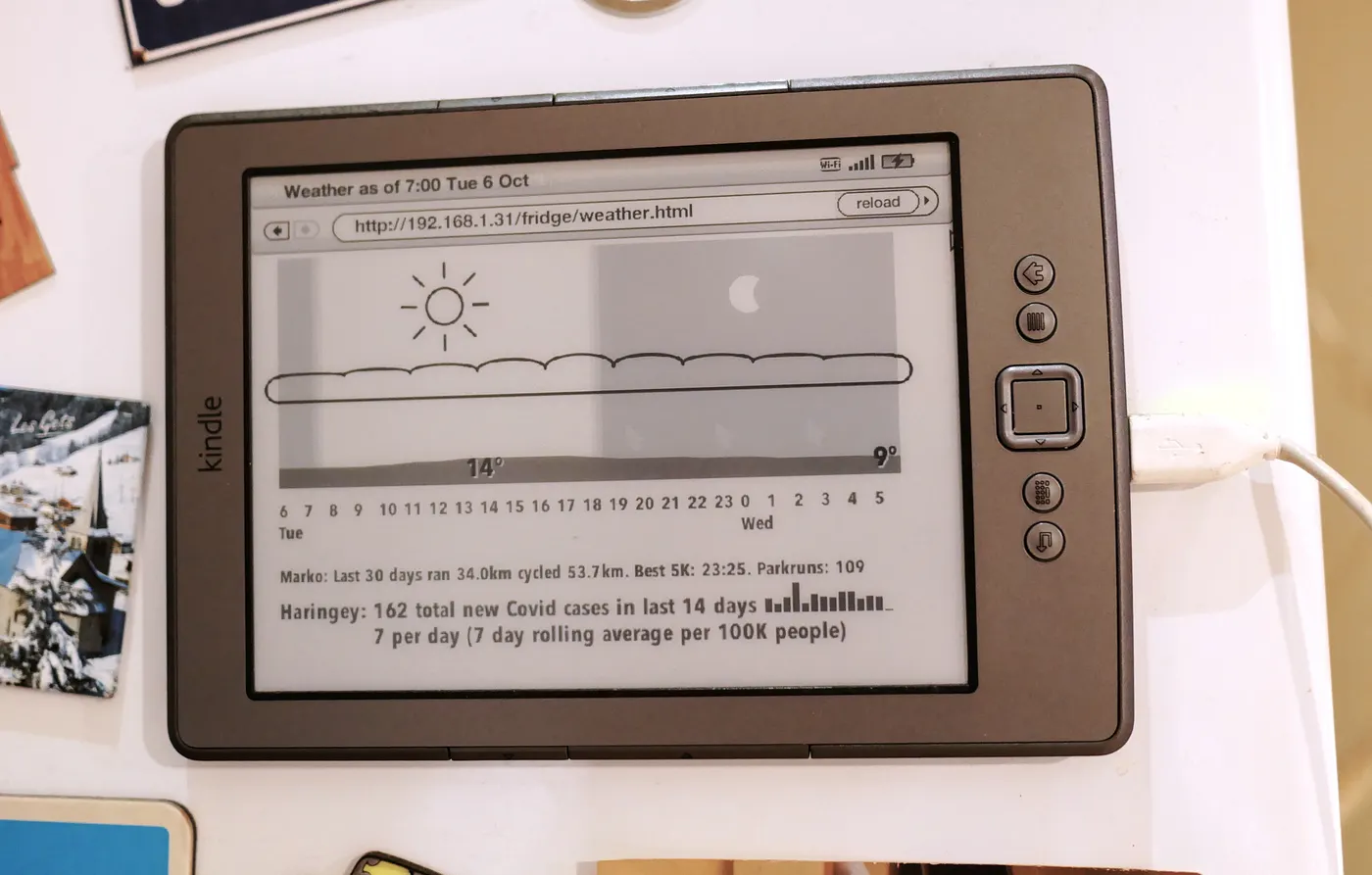 The refreshed fridge dashboard. Weather is still from forecast.io that became DarkSky and was then acquired by Apple in 2020. How much longer will that API work? Strava needed new authentication; Park Run parses the web site. The Covid-19 data is assembled from the great London Data Store, and I sincerely hope that API is no longer required in 10 years time!