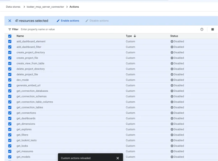Enabling Actions in Looker Custom MCP Data Store
