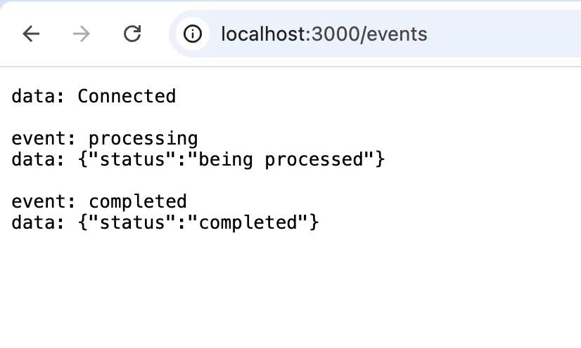 Server-Sent Events response showing processing and completion events