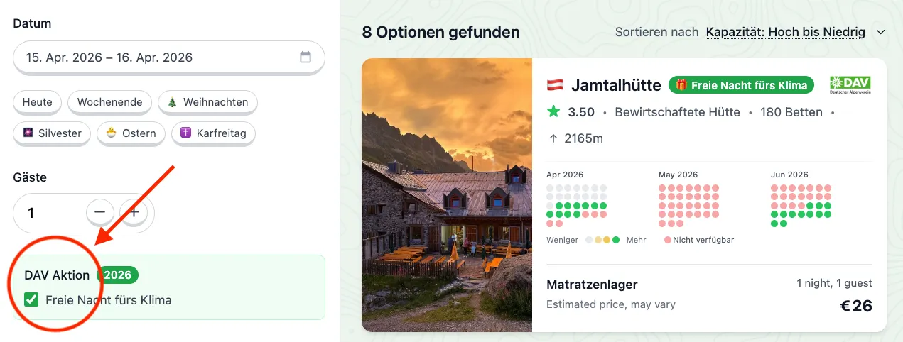 Hut Finder filters with Free Night for Climate button