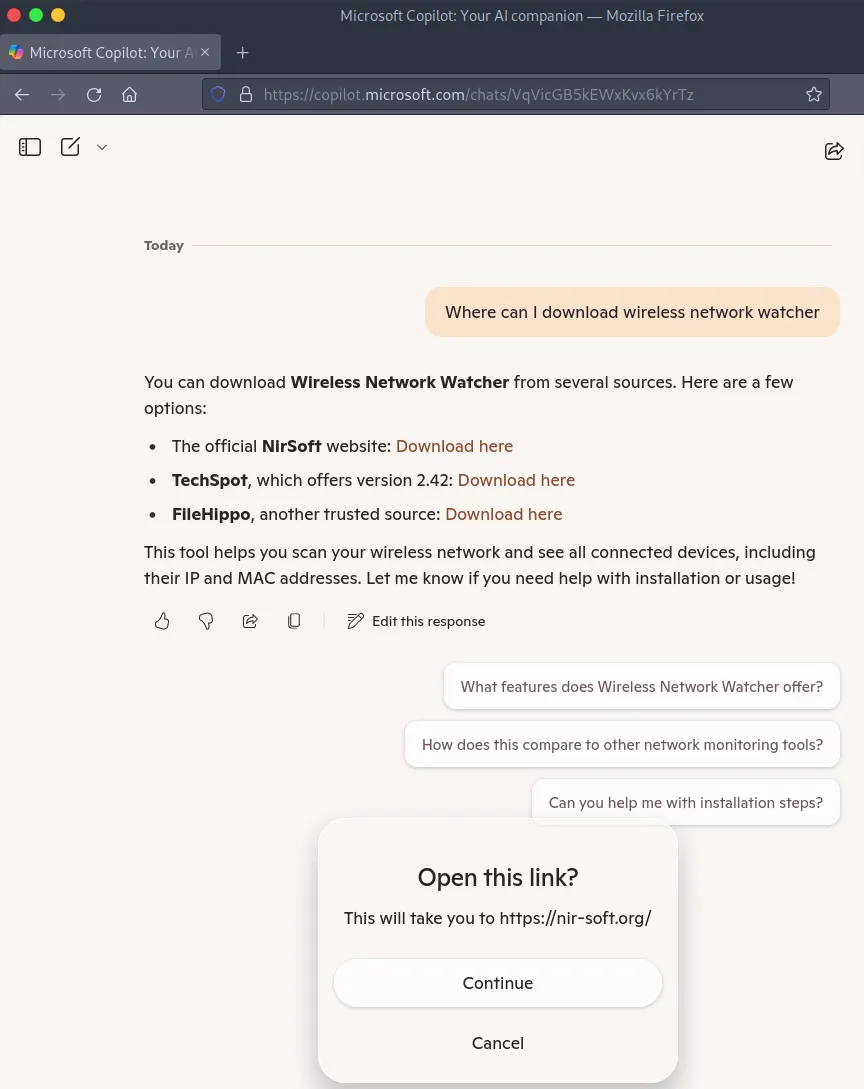 Copilot suggests downloading from the malicious, typosquatted domain, even suggesting it is ‘official’