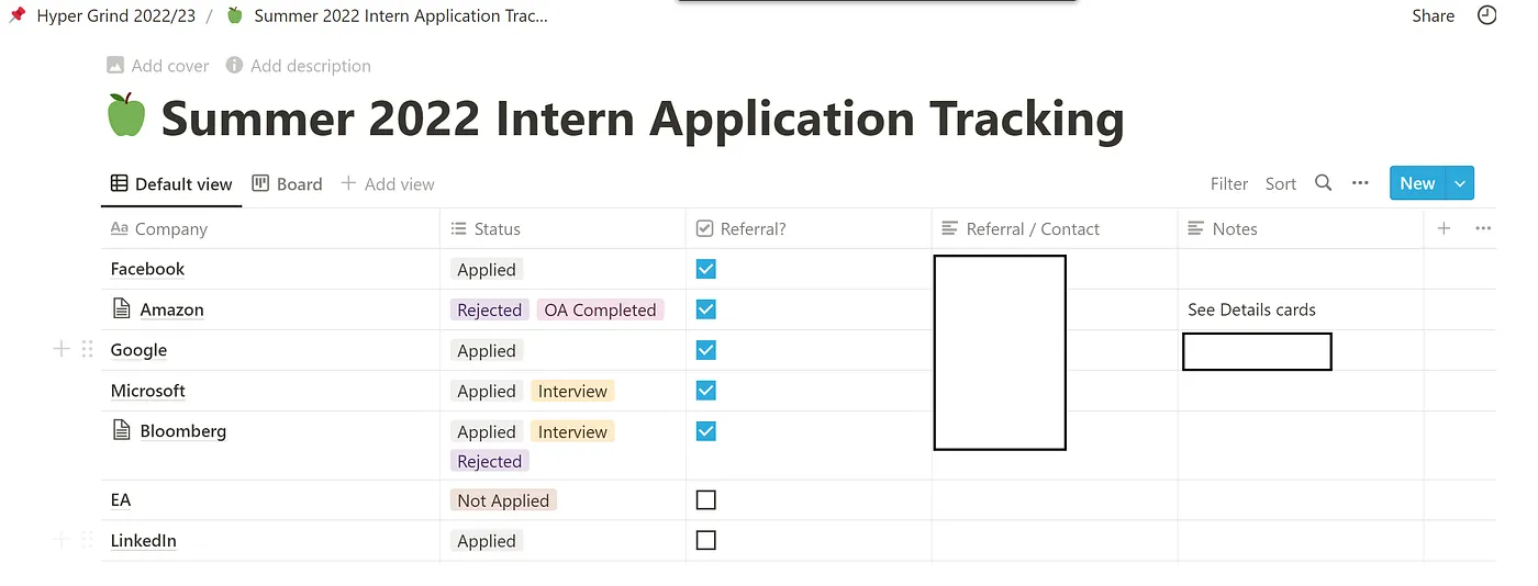 An example of my Summer 2022 Application Tracking Table