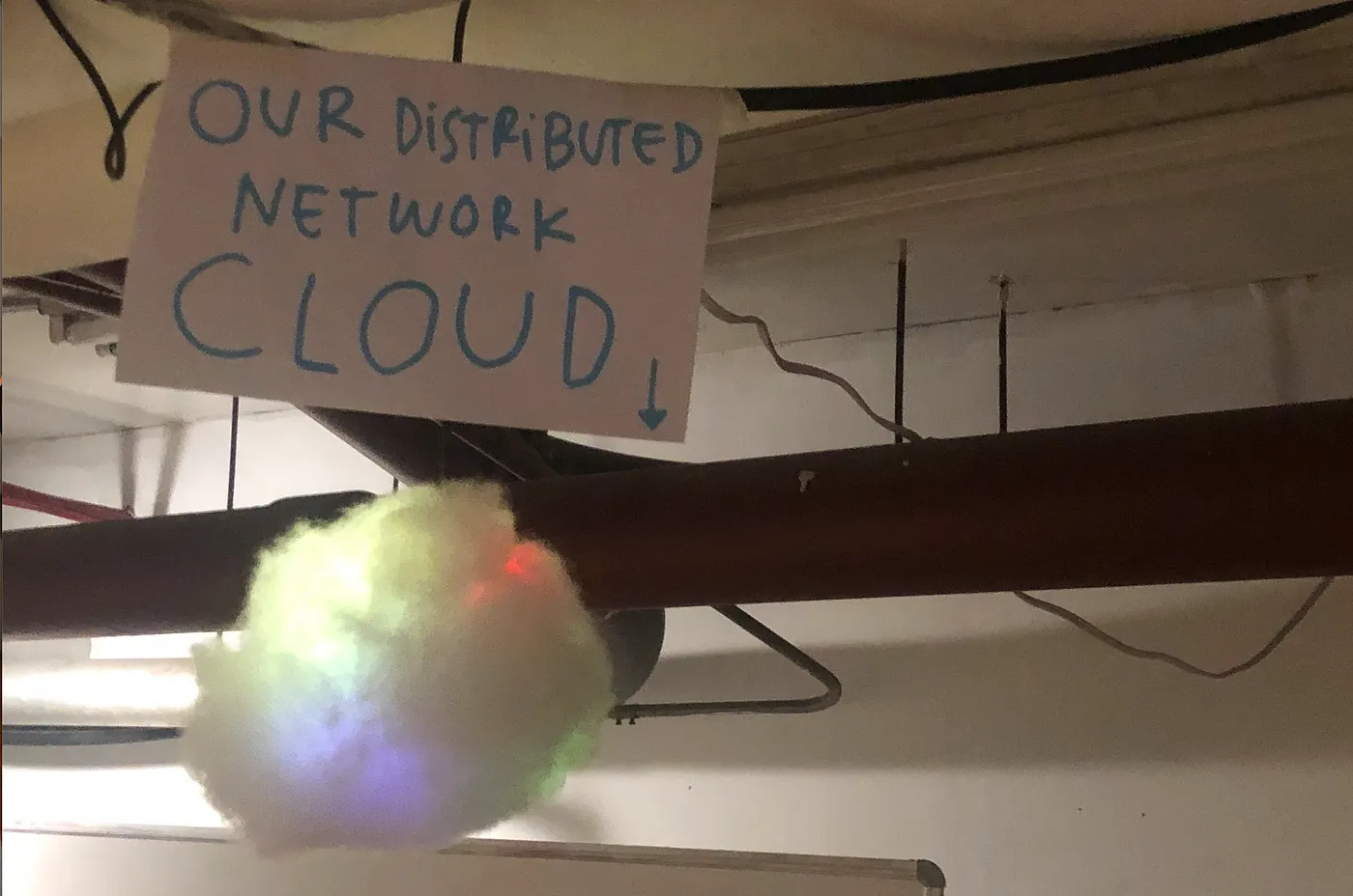 A raspberry pi concealed by cotton batting with a sign above that reads 'our distributed network cloud'