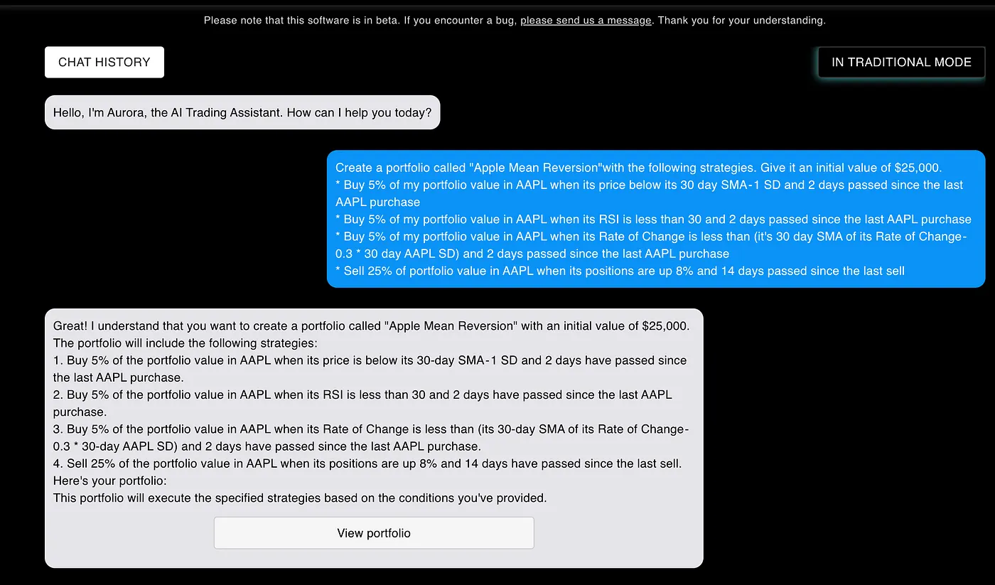 Asking Aurora, the AI Chat Assistant to Backtest the Portfolio