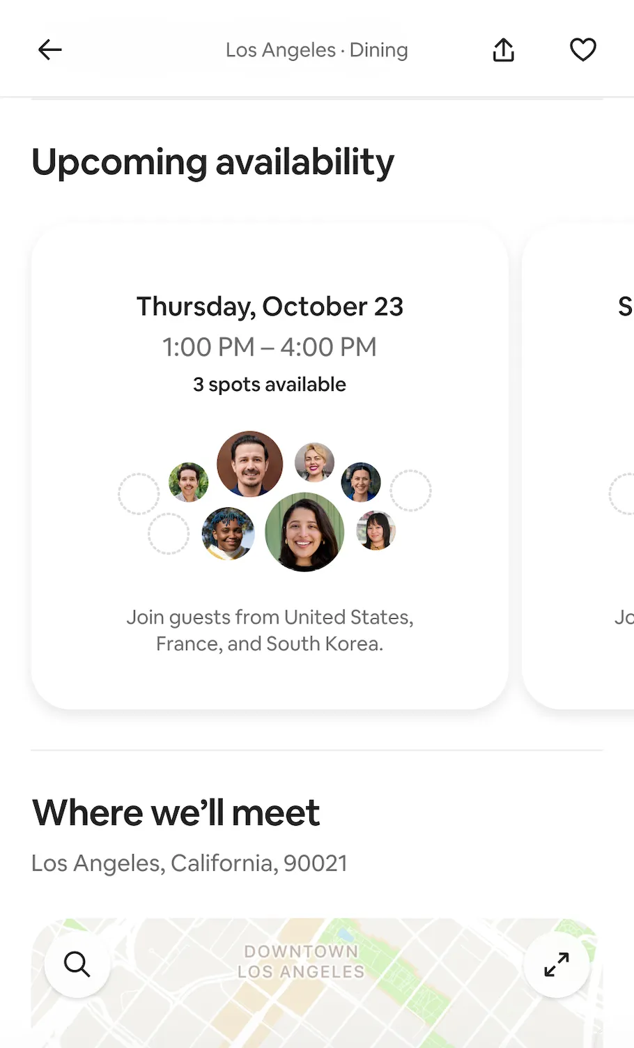 Screen showing an Airbnb experience: “Upcoming availability” card for Thursday Oct 23, 1–4 PM, 3 spots left, guest avatars displayed; below, “Where we’ll meet” lists Los Angeles, CA 90021 with a map preview.