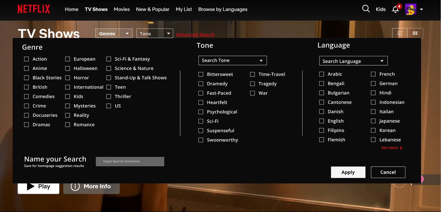 My Netflix 'Advanced Search' Mockup