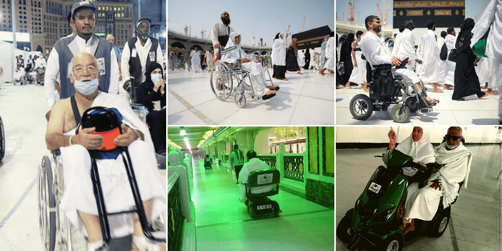 Muslim brothers and sister attending Umrah in wheelchairs