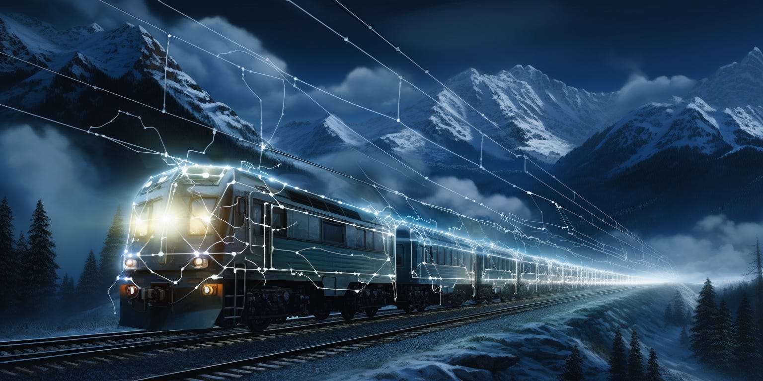 Midjourney generated image of electrified freight train with overhead catenary wire connections and digital circuitry rolling through mountain pass