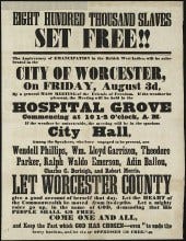 Poster for an event in Worcester, Massachusetts, in 1849, commemorating the end of slavery in the British West Indies. Image: Wikipedia