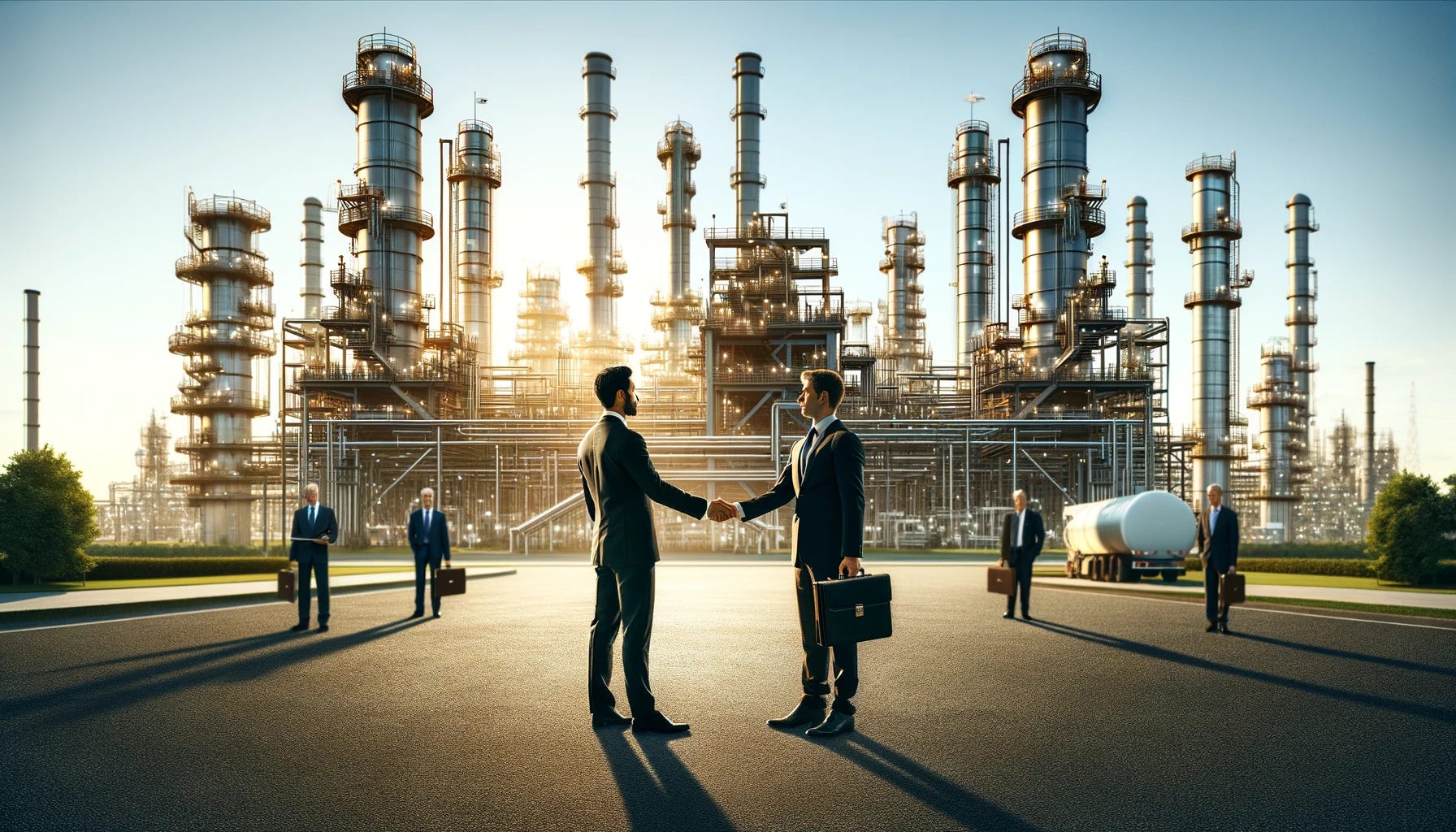 ChatGPT & DALL-E generated panoramic image showing a governmental executive and an oil executive meeting in front of an oil refinery, with a formal exchange taking place in an industrial setting.