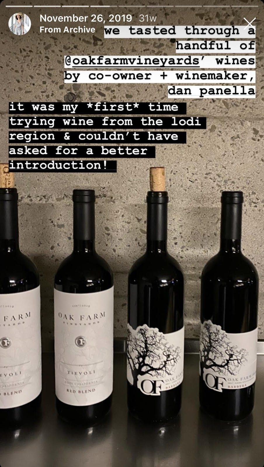 Screenshot from an Instagram story: 4 bottles of red wine + text hyping up the products.