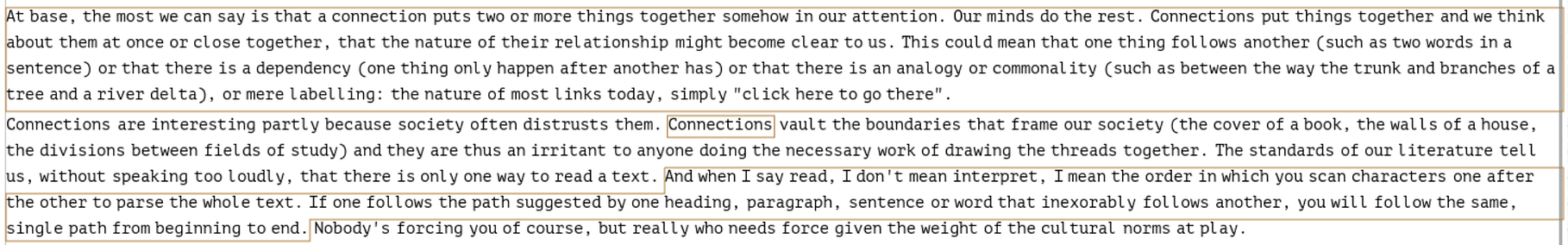 A screenshot from Coeus, showing three links: first a link from a paragraph, second a link from a word, third, a link from a sentence. Note that the sentence link must outline the sentence exactly.