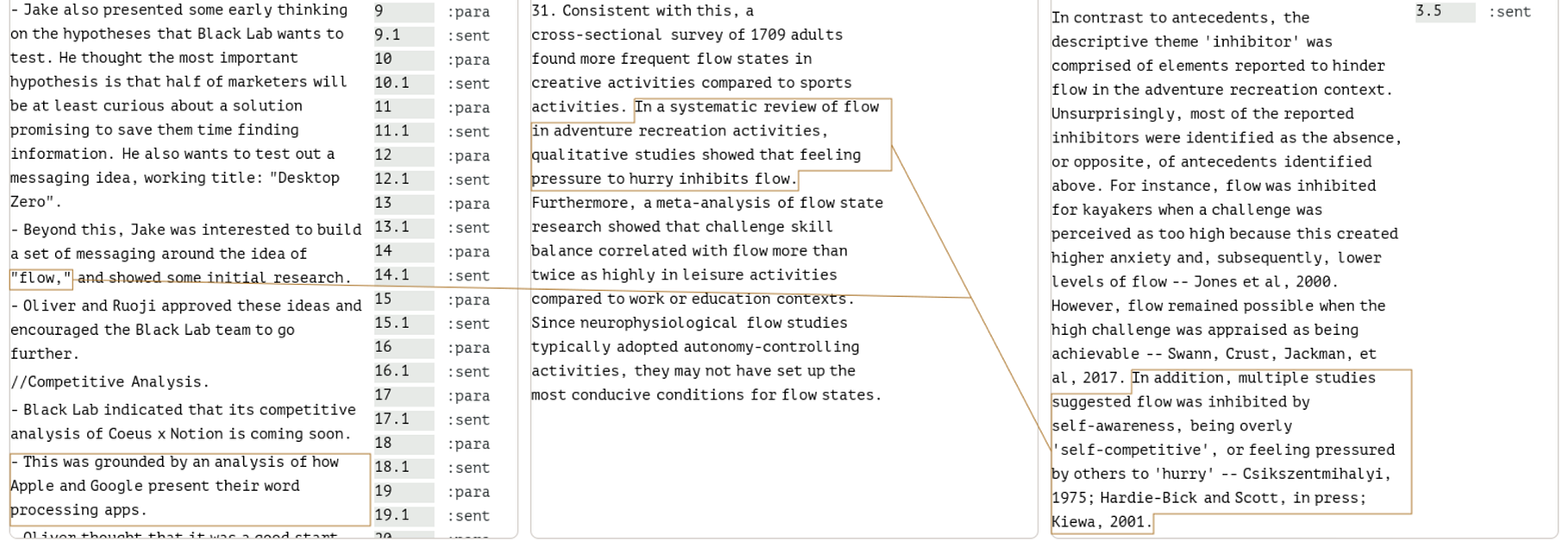 A screenshot from Coeus, showing three articles. In the middle and on the right are two academic papers, with a link between a sentence in each. A word in the article on the left links to the first link, connecting to the line between the two sentences.