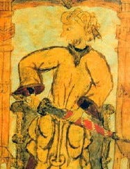 A posthumous drawing of Tariq ibn Ziyad in the Semblanzas de reyes (1300s CE). Public Domain