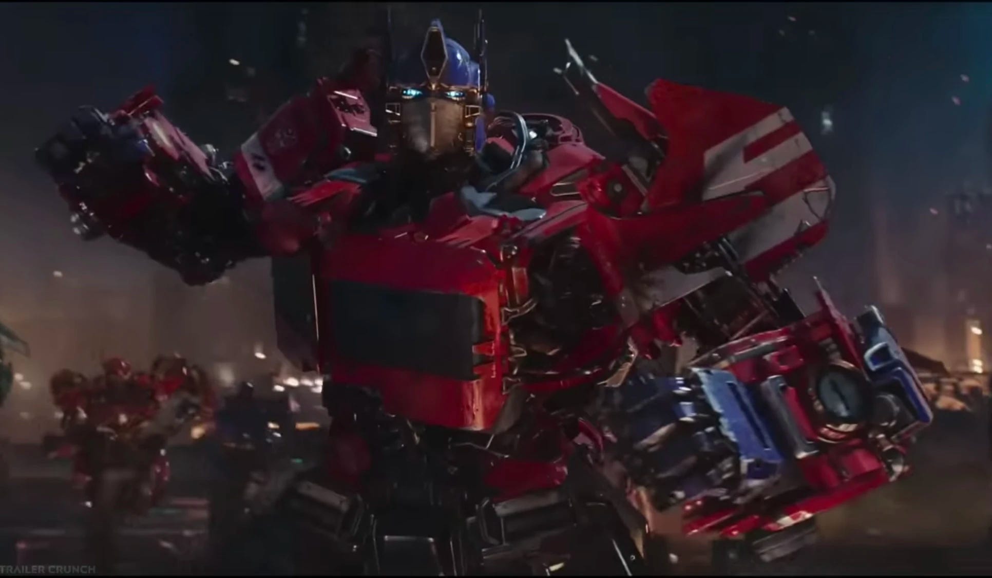 A large, armored robot with a red and blue color scheme stands prominently, showing power and readiness for action in an urban setting.