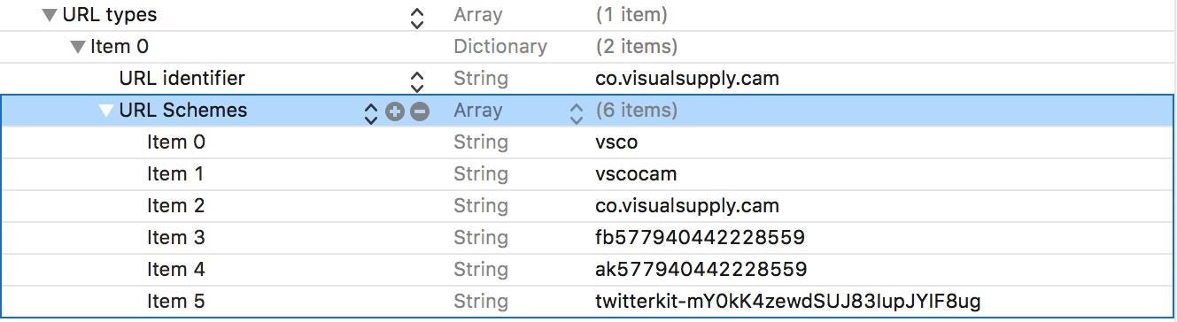 A .plist file showing the URL schemes available for an iOS app.