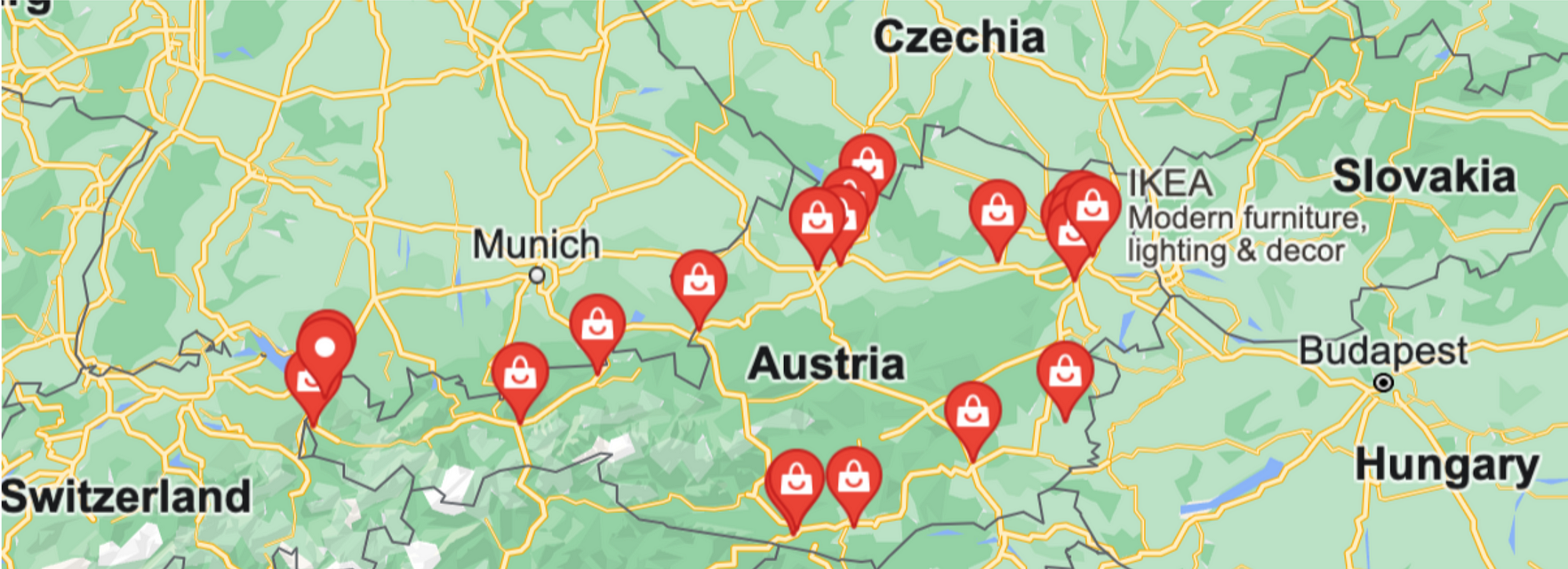 Map of IKEA’s Austrian locations courtesy Google