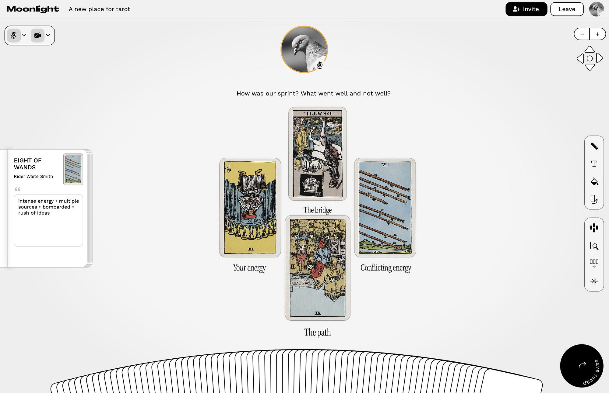 A digital tarot reading interface answering, "How was our sprint?" Four cards are shown: Nine of Cups (reversed) for "Your energy," Death (reversed) for "The bridge," Eight of Wands for "Conflicting energy," and Six of Cups (reversed) for "The path."