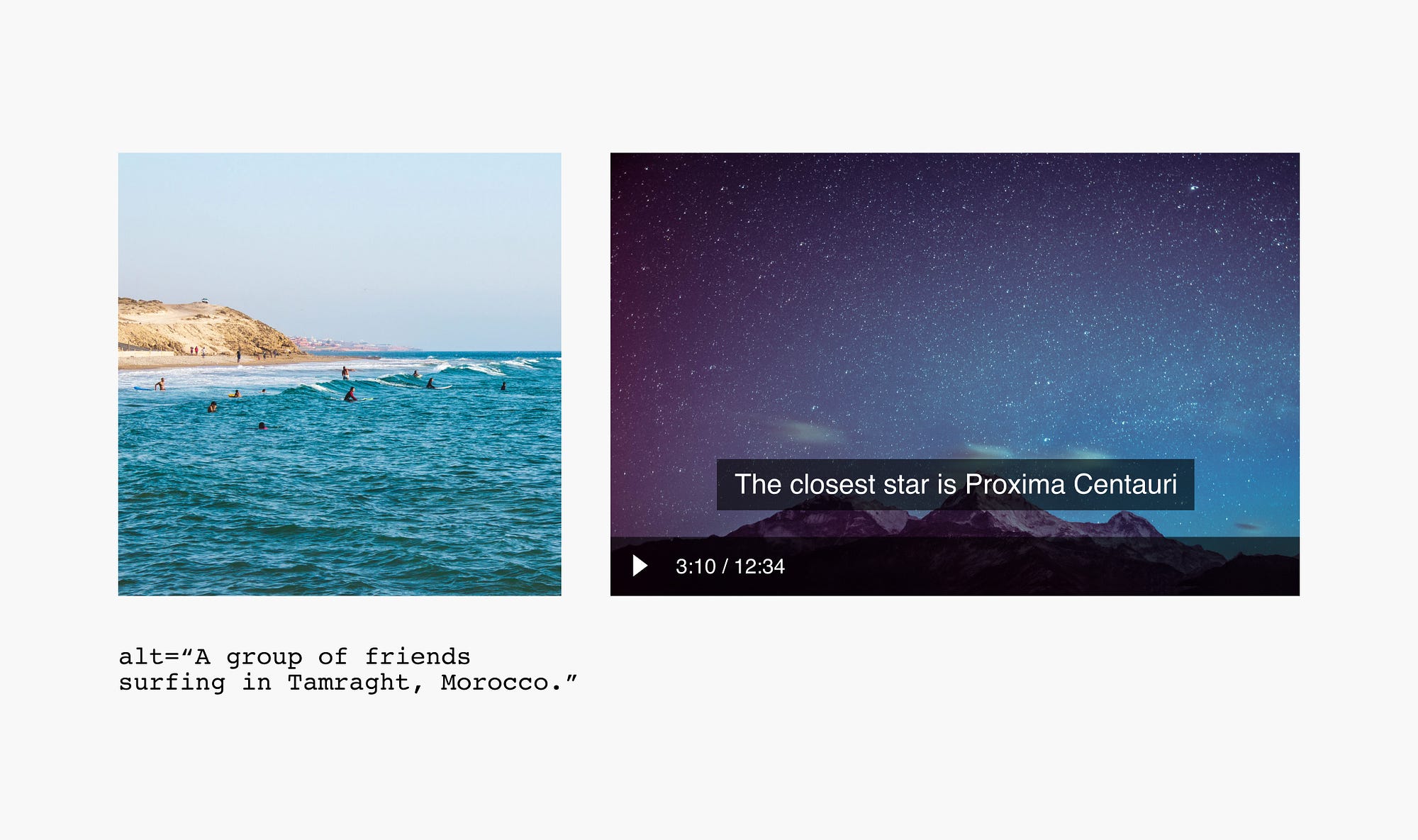 An example of an image with alt text and a video with captions turned on.