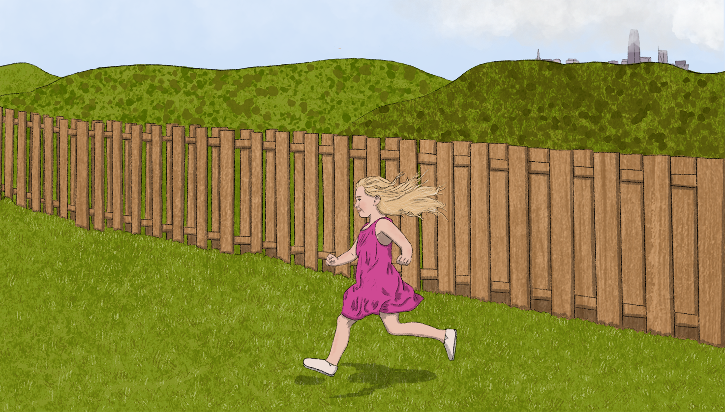 Illustration of a child running in a fenced-in backyard, the San Francisco skyline visible in the far distance.