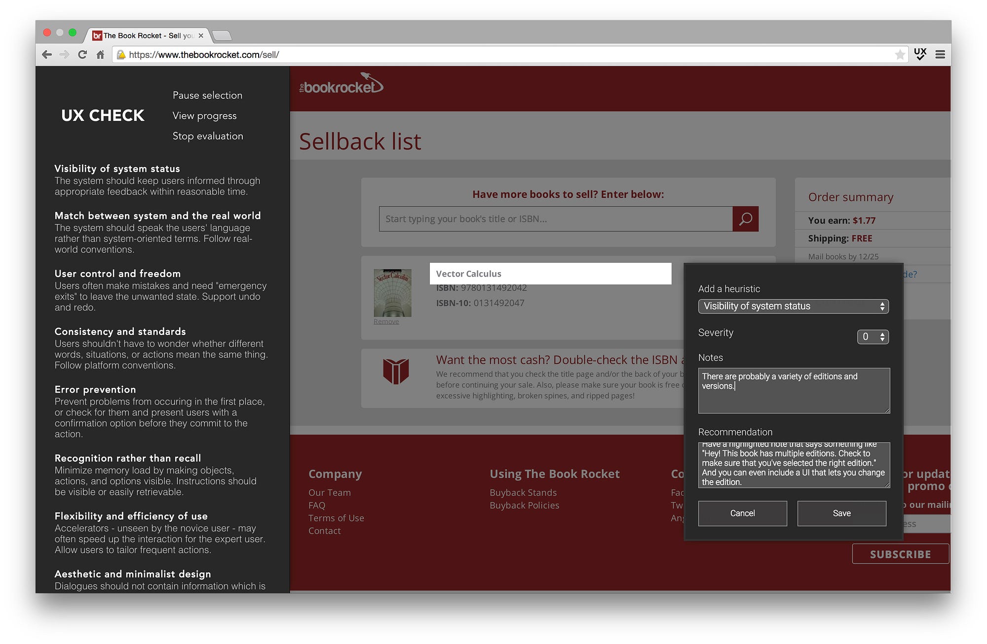 UXCheck interface