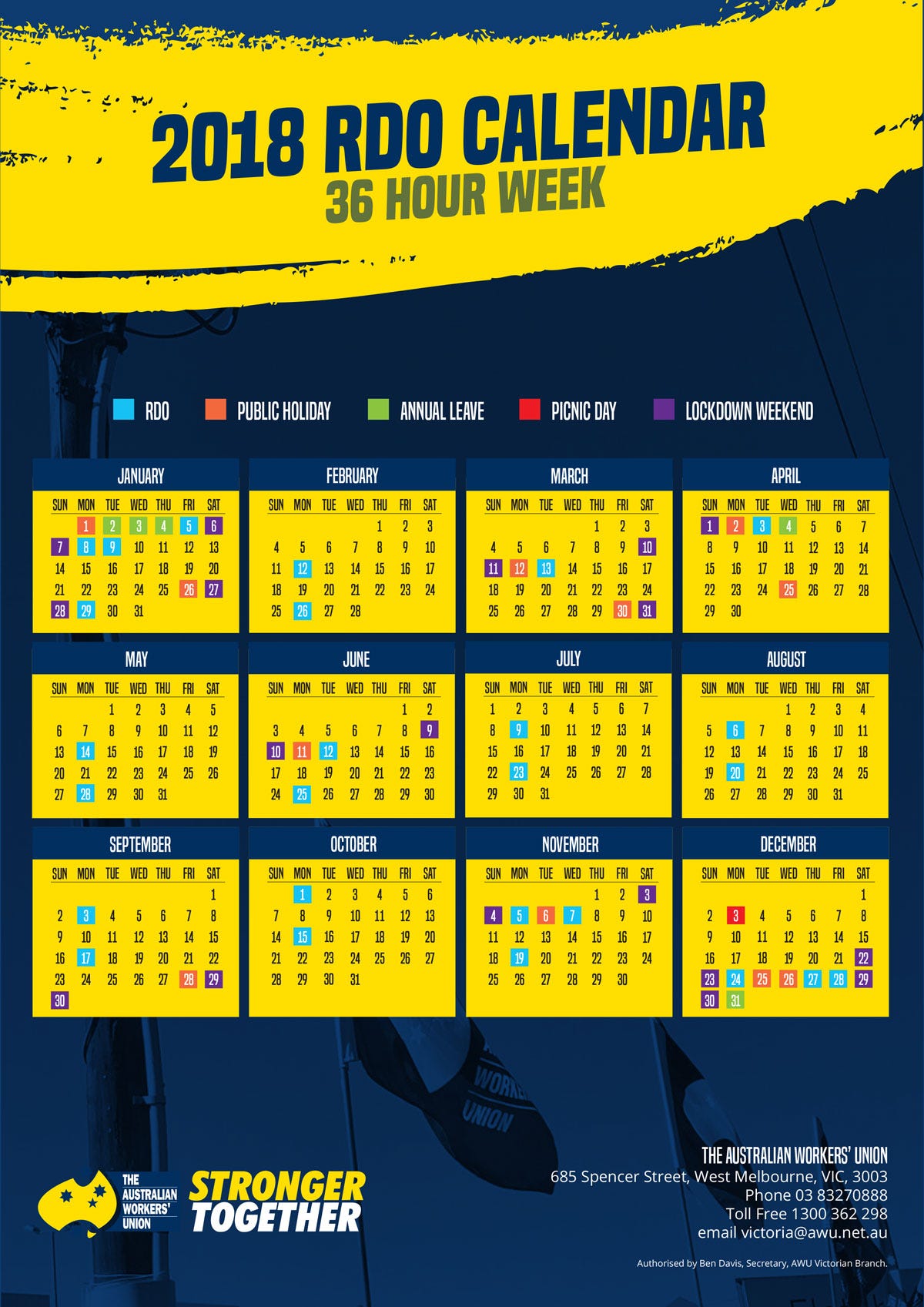 2018 36 and 38 Hour Week RDO Calendars | by AWU_Victoria | The Worker |  Medium