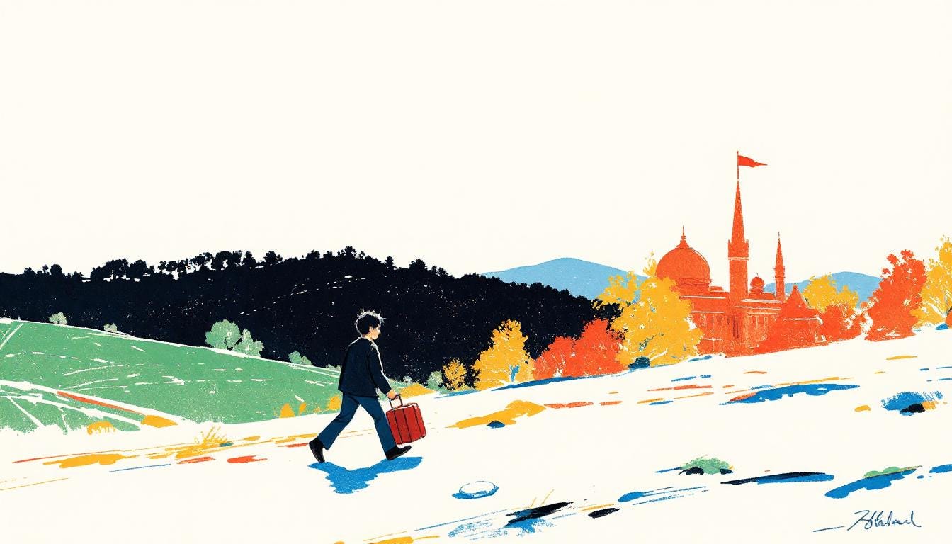 Stylized illustration generated by Midjourney v7, demonstrating its artistic style control. A figure walks left to right with a red suitcase across a white, snowy foreground, with colorful brushstroke accents. Behind are green and dark hills, vibrant orange and yellow trees, and an orange domed building with spires in the distance.