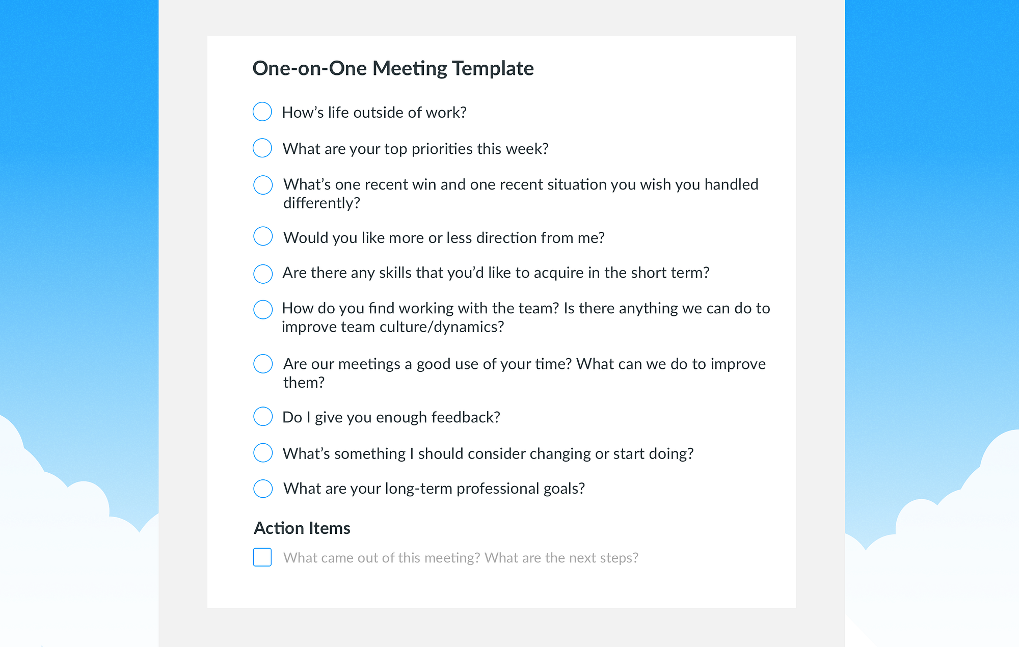 Oneonone Meeting Template Top 10 Questions To Ask First One On One