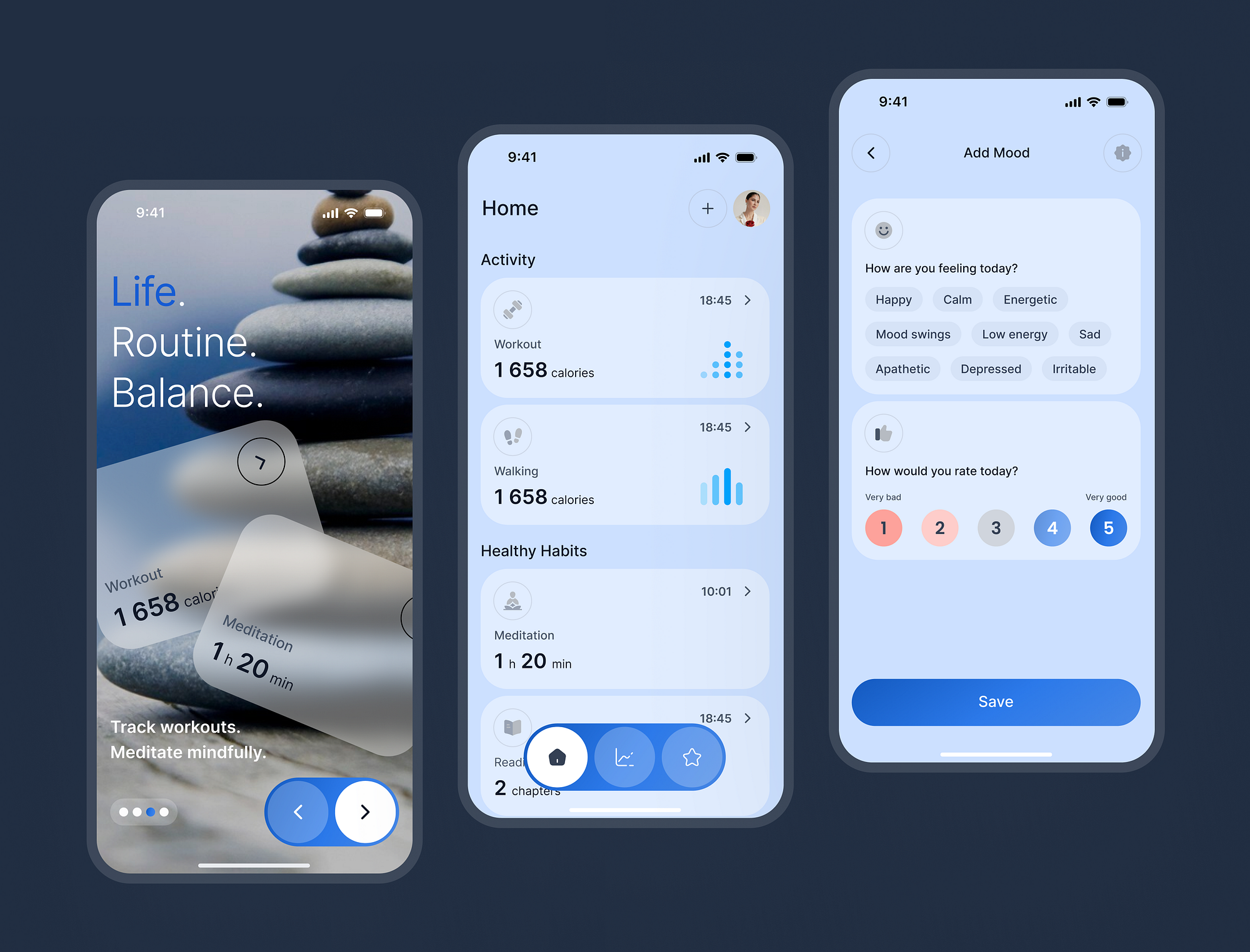 Minimal wellness mobile app UI screens