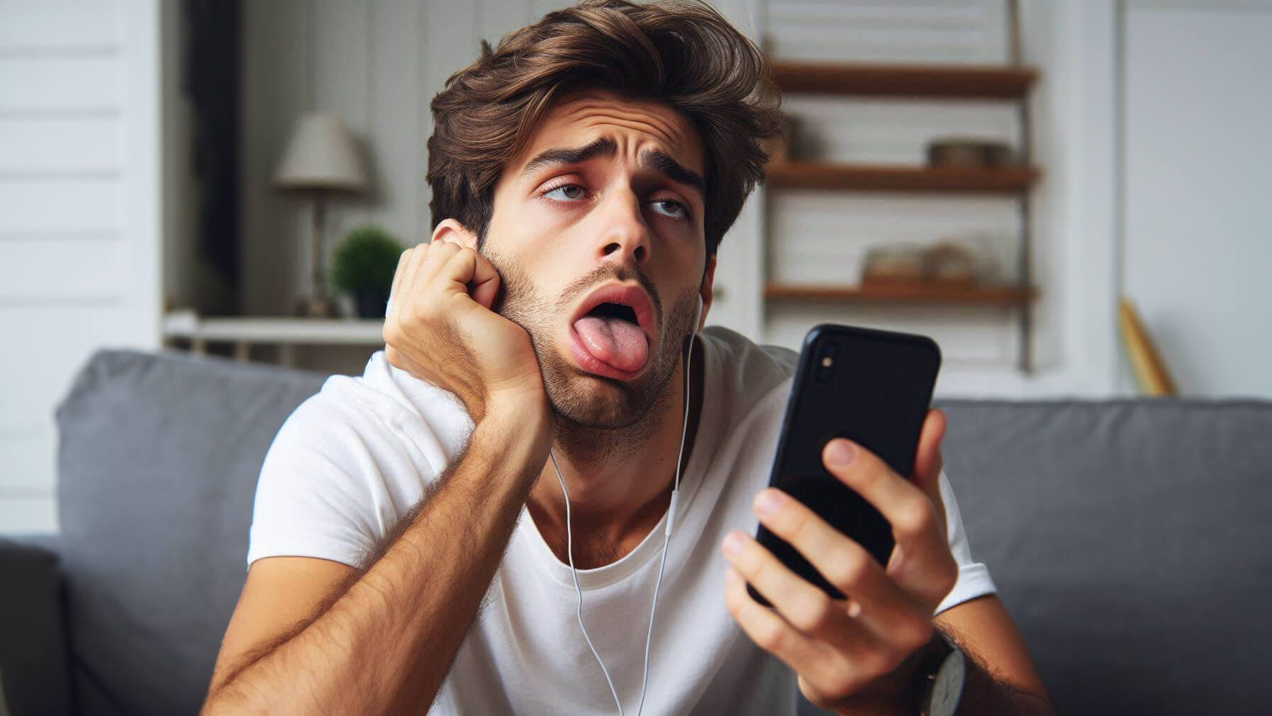 رجل يبدو عليه الملل ولسانه خارج وهو يحدق في هاتف ذكي