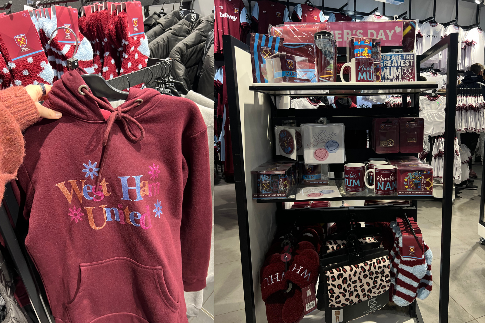 Sweatshirt and Mother's Day section at West Ham Stadium store