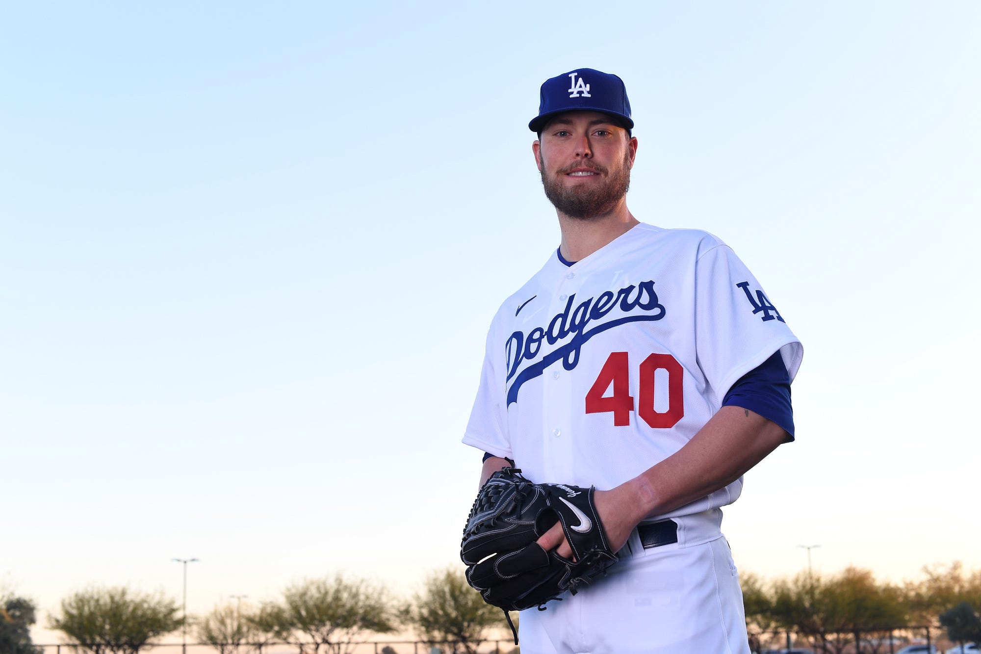 GLENDALE, AZ - FEBRUARY 20: Los Angeles Dodgers pitcher Blake Treinen (49)  poses for a portrait during photo day on Thursday, Feb, 20 at Camelback  Ranch in Glendale, Ariz. (Photo by Ric