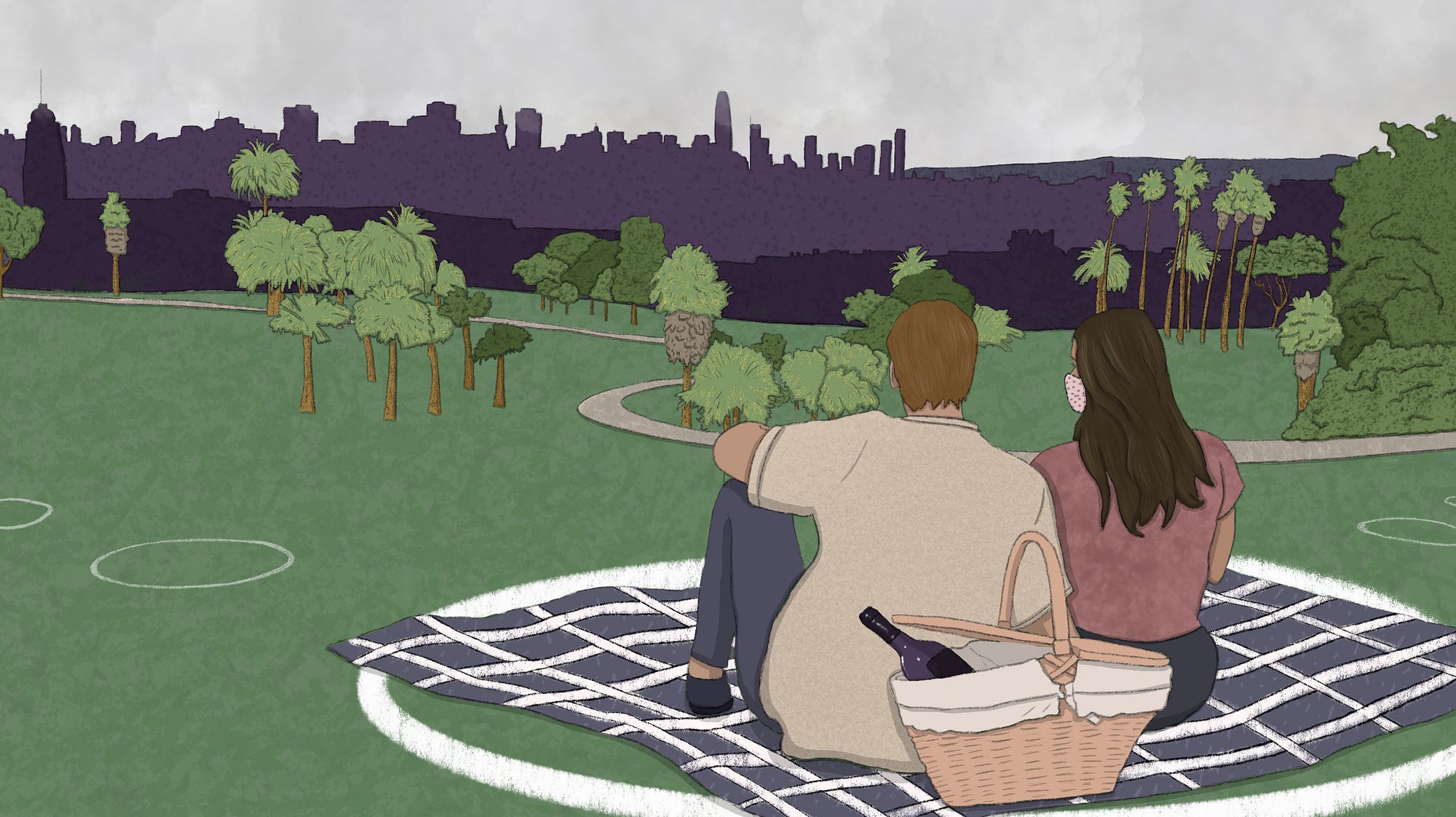 Two people sitting on a picnic blanket in a large white circle in a socially distanced park.