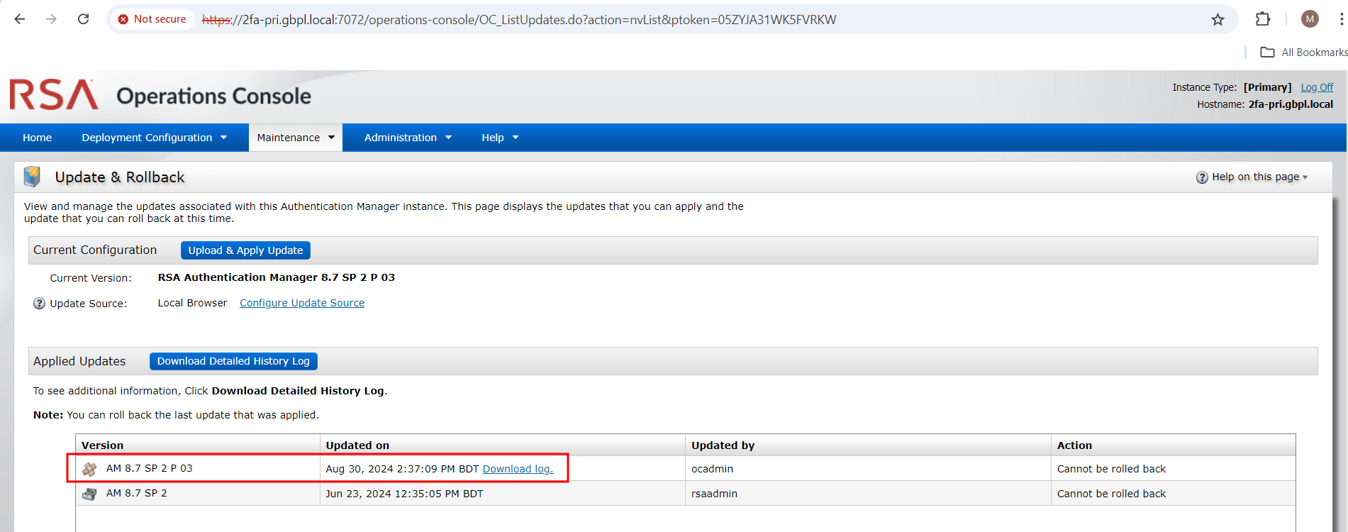 Patching RSA Authentication Manager from 8.7 SP2 to Patch 3