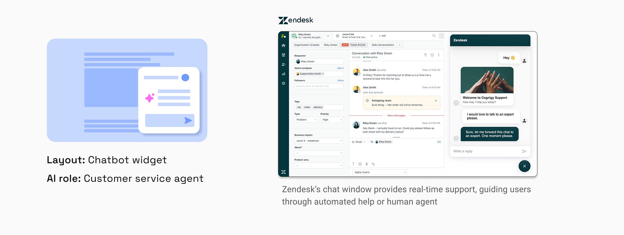 Zendesk’s chat window provides real-time support, guiding users through automated help or human agent