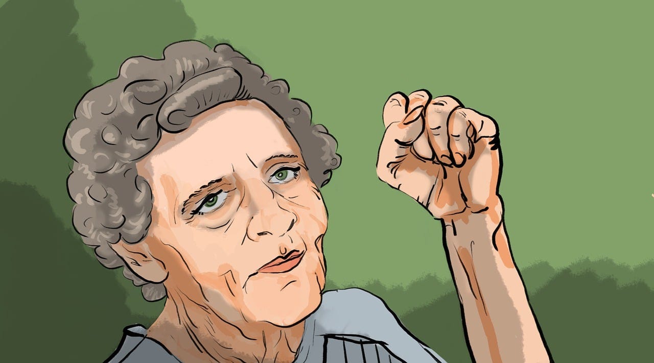 백발의 노부인이 권력의 몸짓으로 주먹을 치켜드는 만화 (연령차별과 차별)