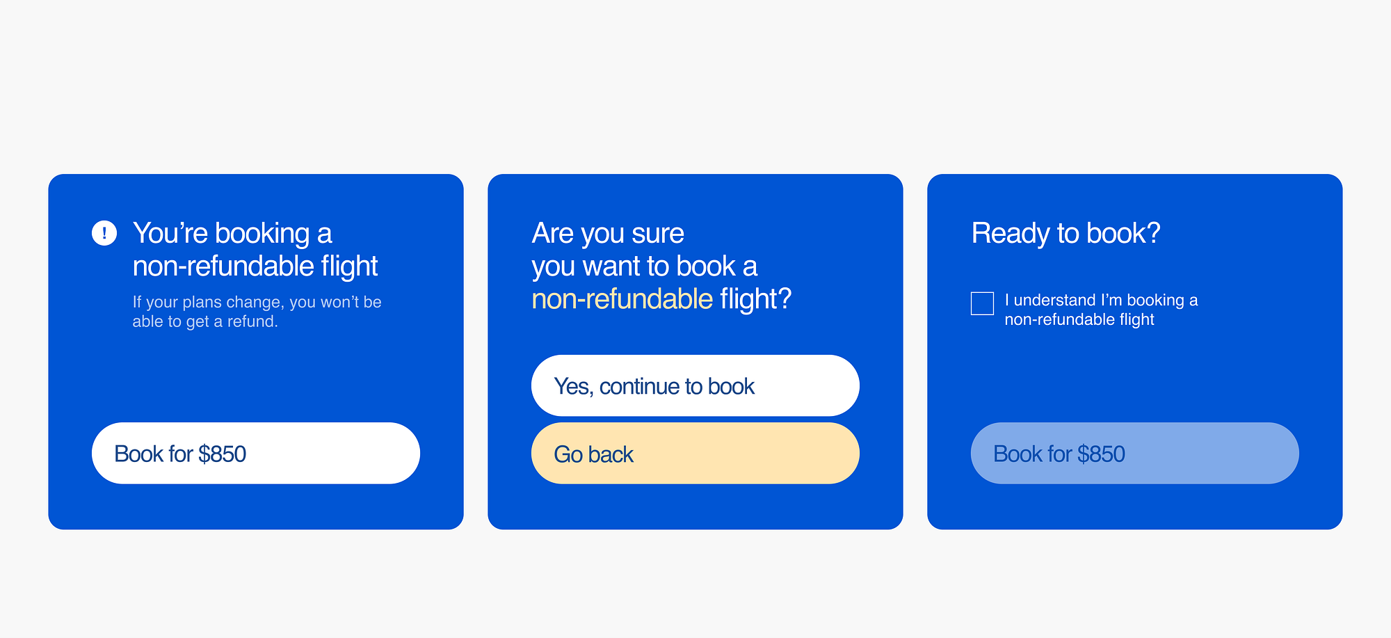 Three different screens showing ways to add friction to a user flow. An alert icon, an extra screen, or a checkbox.