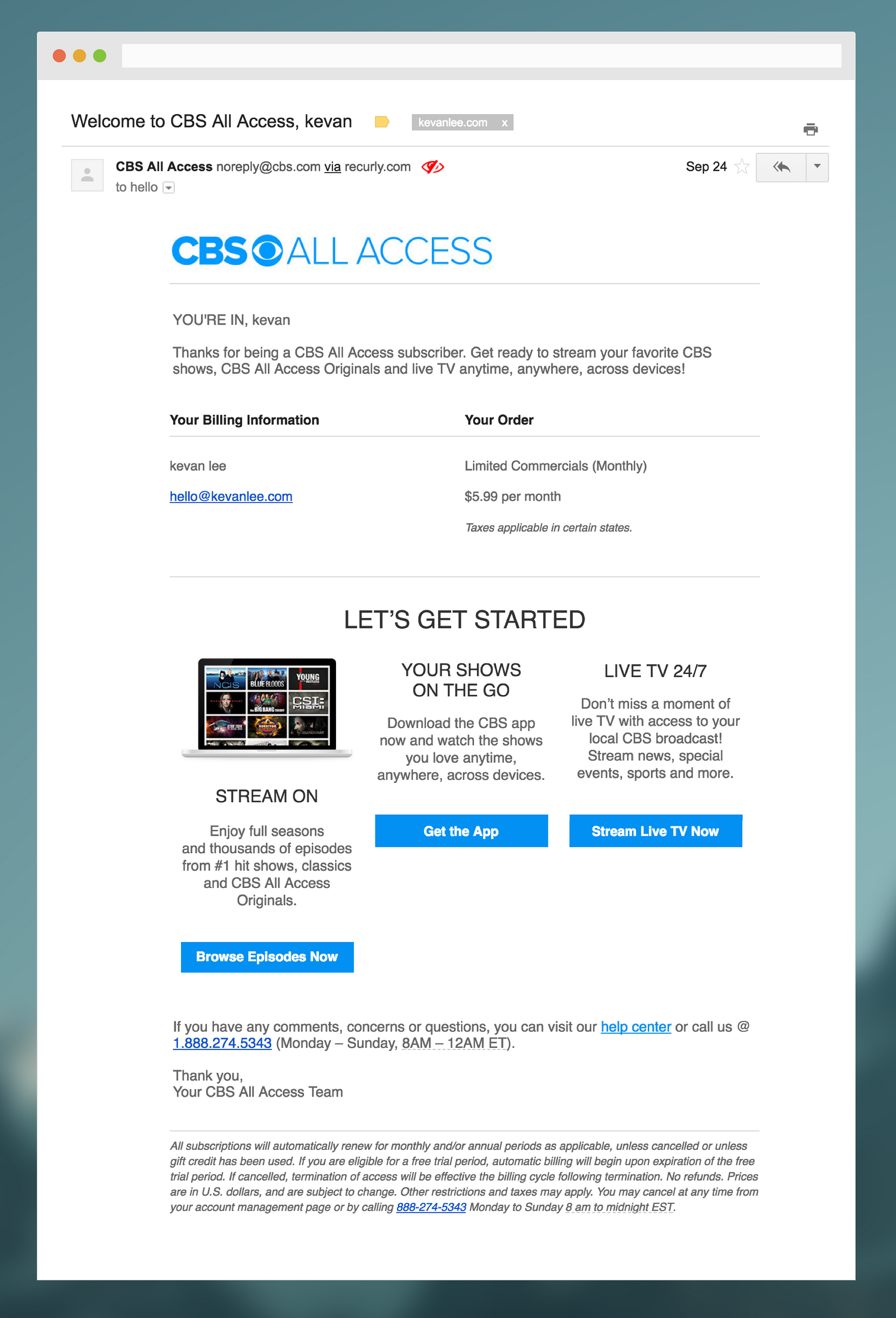 How CBS sends onboarding email. Regularly-scheduled CTAs, a double
