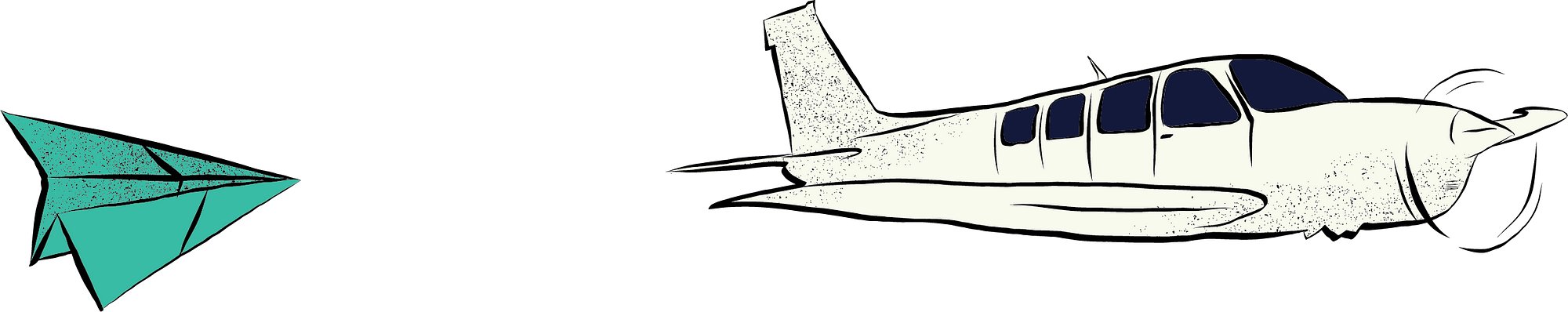 A paper plane on the left and a modern jet on the right. Hand-drawn graphic.