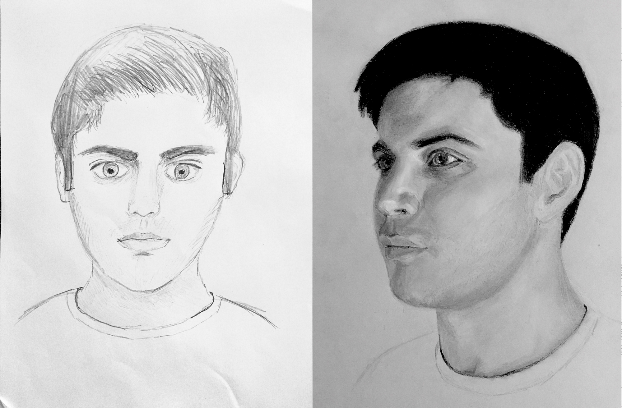 Рассматривая два снимка или портрета одного человека. Рисование портрета. Лицо для рисования. Лицо карандашом. Портрет человека.