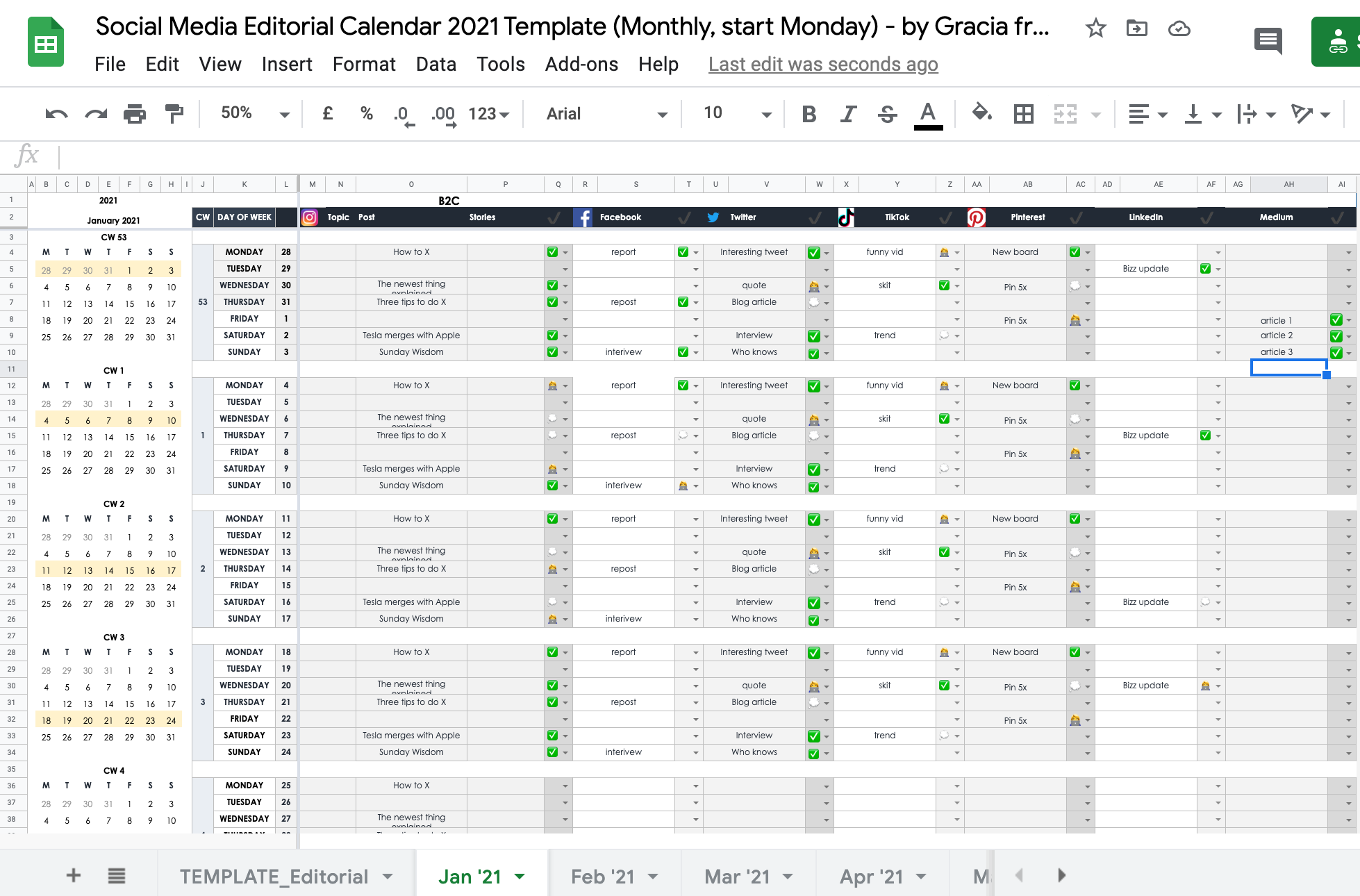 Google Sheets Social Media Editorial Calendar 2021 for Your Personal Brand  or Small Business (Free template) | by Gracia Kleijnen | Google Sheets  Geeks | Medium
