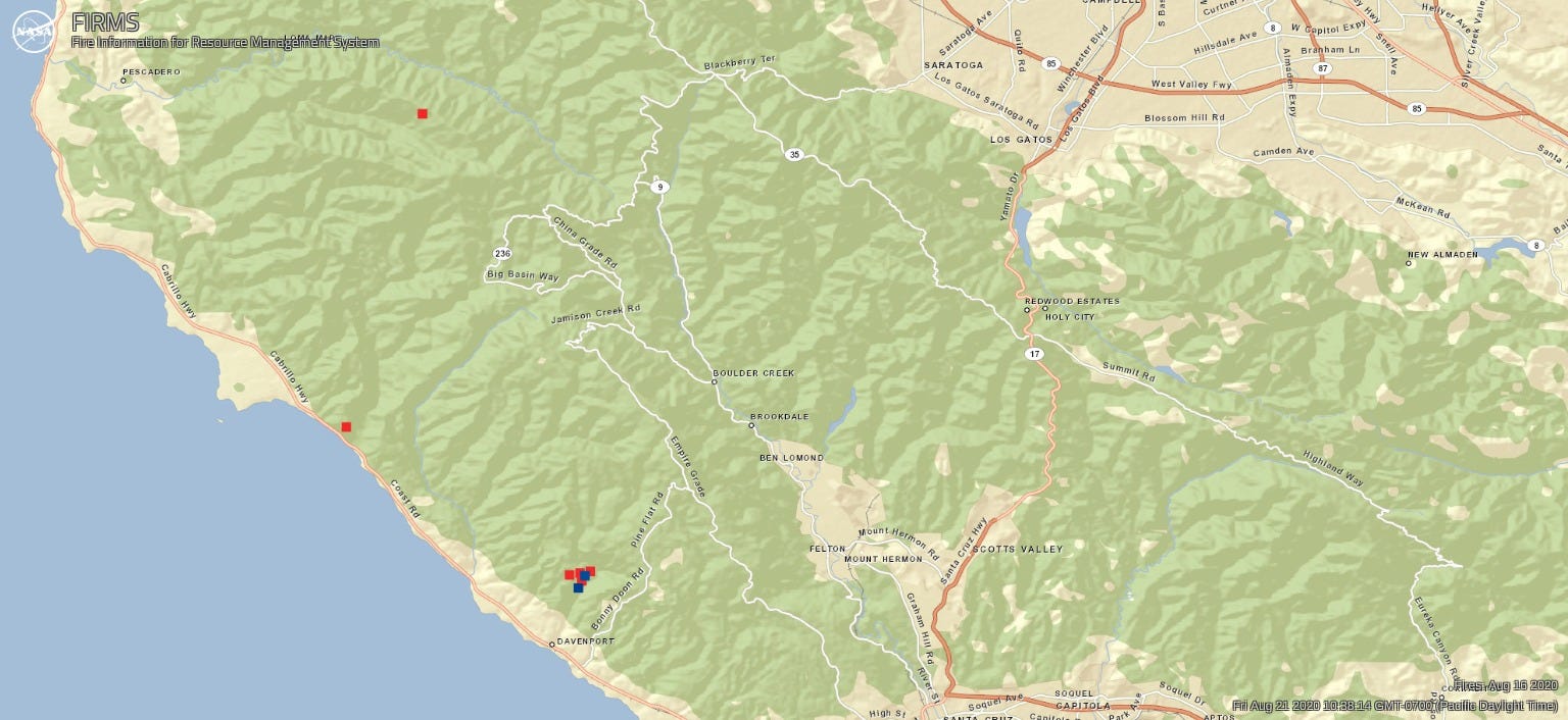 The map used throughout the post, with three small red dots; near the coast is a tiny cluster of red and blue dots.